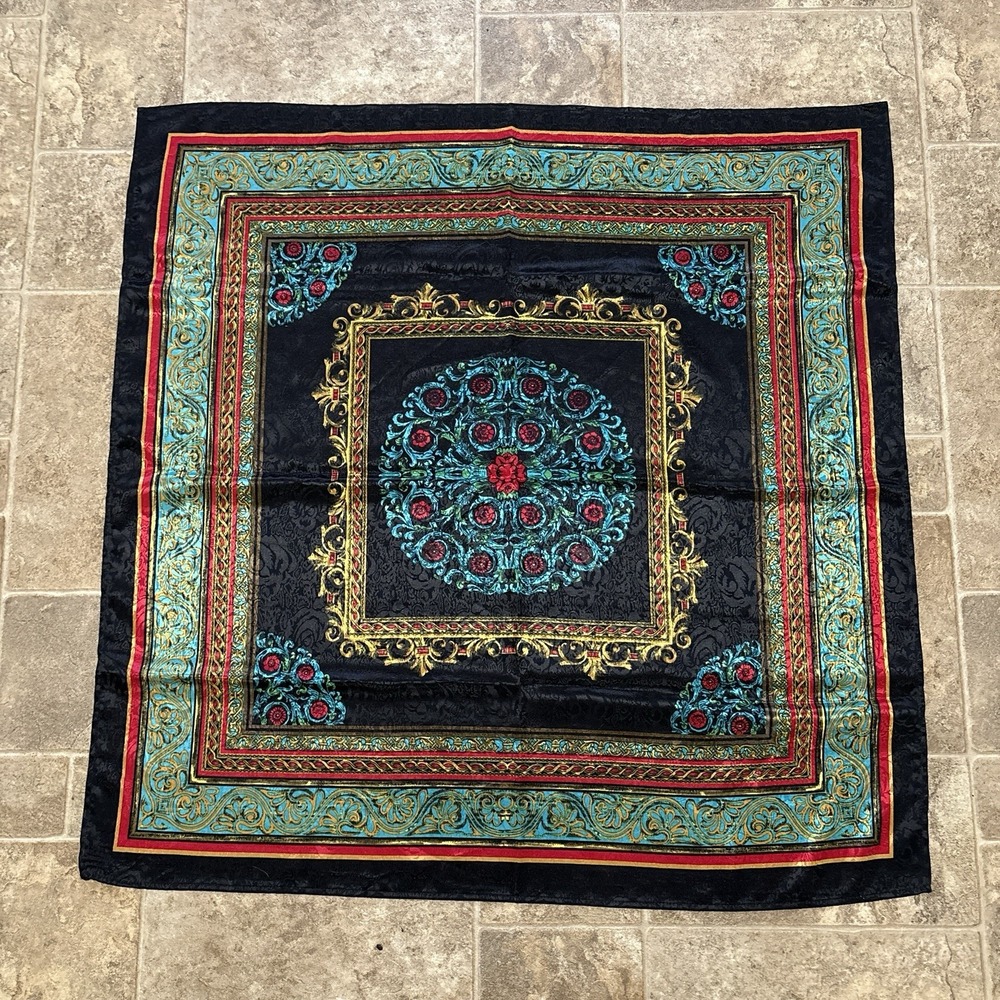 Ornate Baroque Square Scarf 31" Black Gold Jewel Tone Floral Maximalist Satin